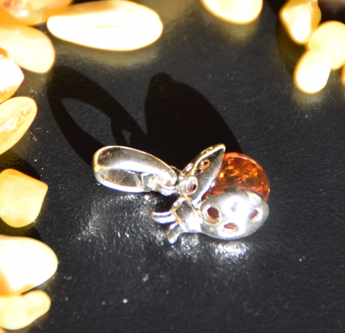 Delicate good luck ladybug pendant with natural cognac-colored Amber and 925 Sterling Silver, MJ Baltica, BW029