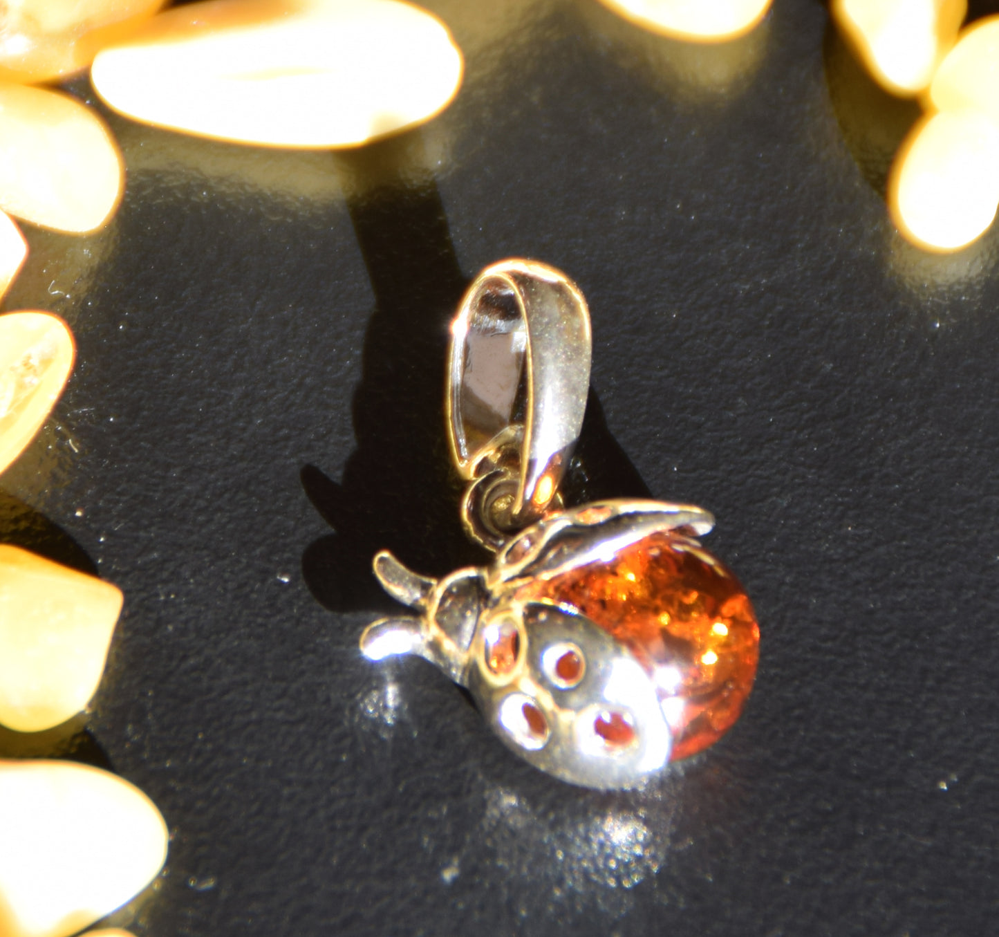 Delicate good luck ladybug pendant with natural cognac-colored Amber and 925 Sterling Silver, MJ Baltica, BW029