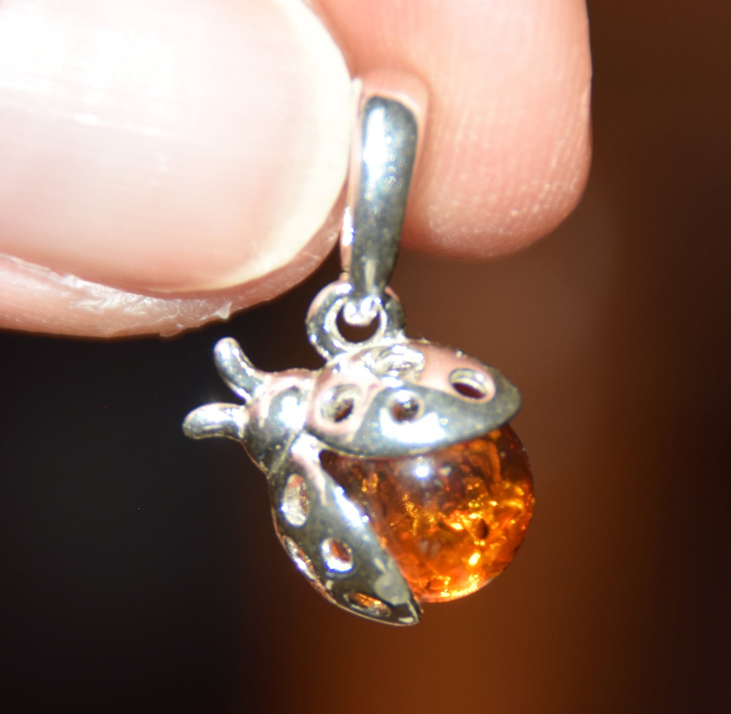 Delicate good luck ladybug pendant with natural cognac-colored Amber and 925 Sterling Silver, MJ Baltica, BW029