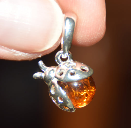 Delicate good luck ladybug pendant with natural cognac-colored Amber and 925 Sterling Silver, MJ Baltica, BW029