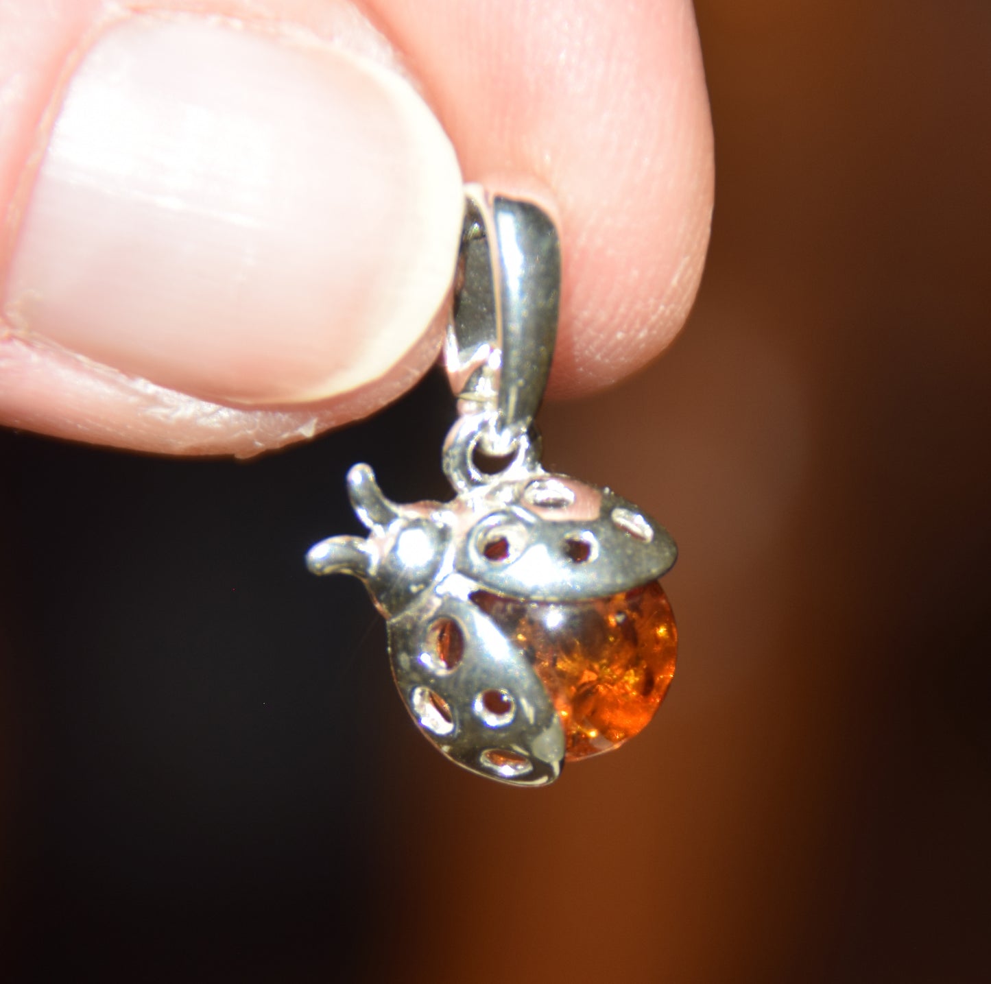Delicate good luck ladybug pendant with natural cognac-colored Amber and 925 Sterling Silver, MJ Baltica, BW029