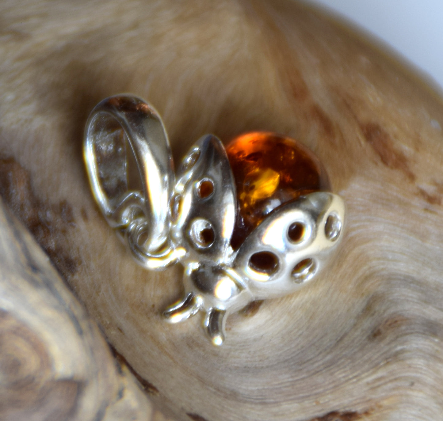 Delicate good luck ladybug pendant with natural cognac-colored Amber and 925 Sterling Silver, MJ Baltica, BW029