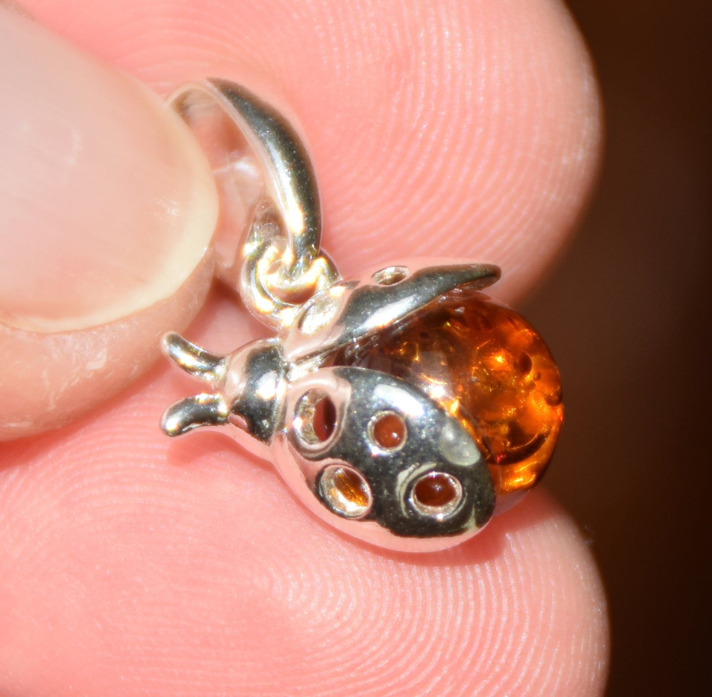 Delicate good luck ladybug pendant with natural cognac-colored Amber and 925 Sterling Silver, MJ Baltica, BW029