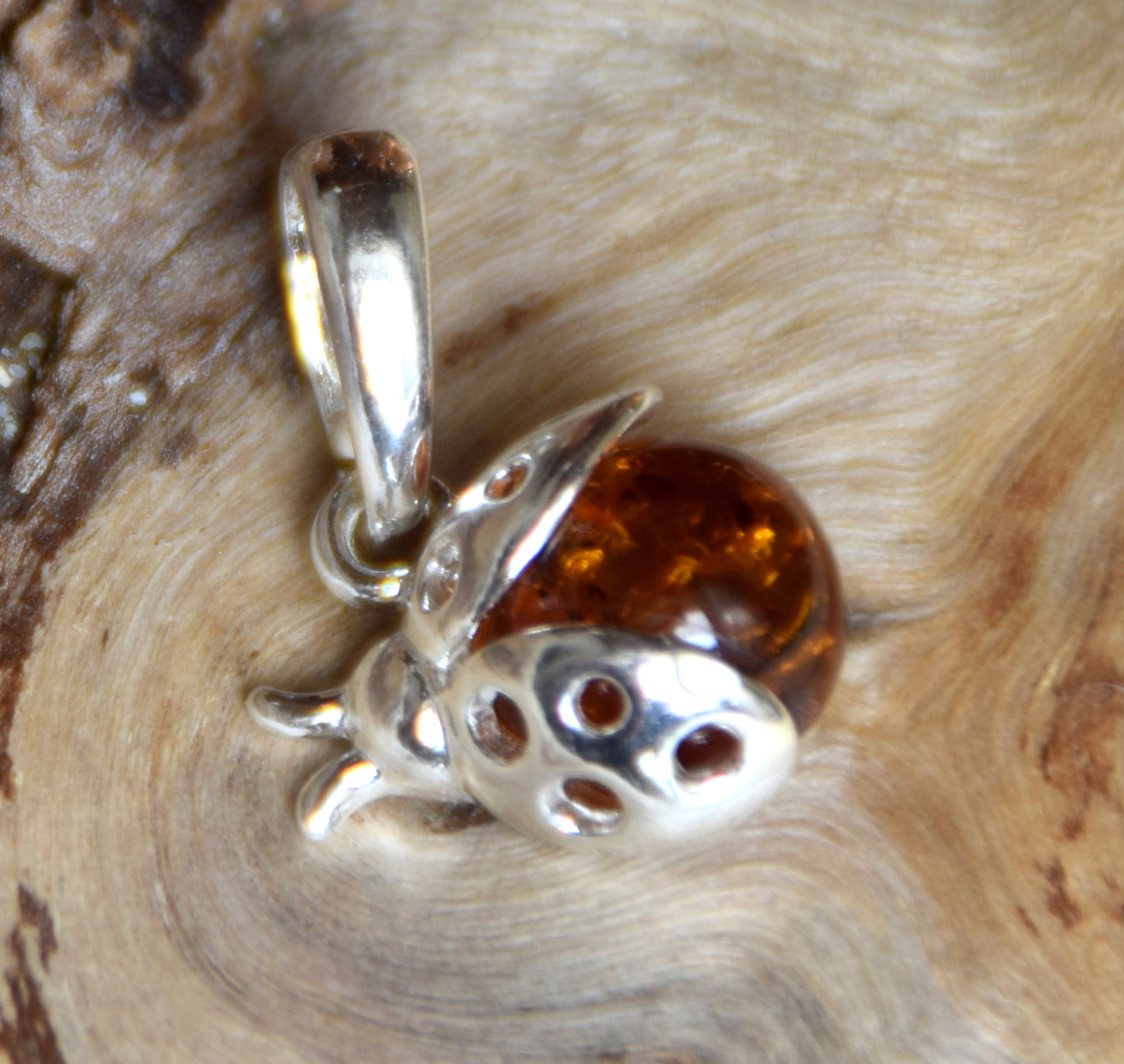 Delicate good luck ladybug pendant with natural cognac-colored Amber and 925 Sterling Silver, MJ Baltica, BW029