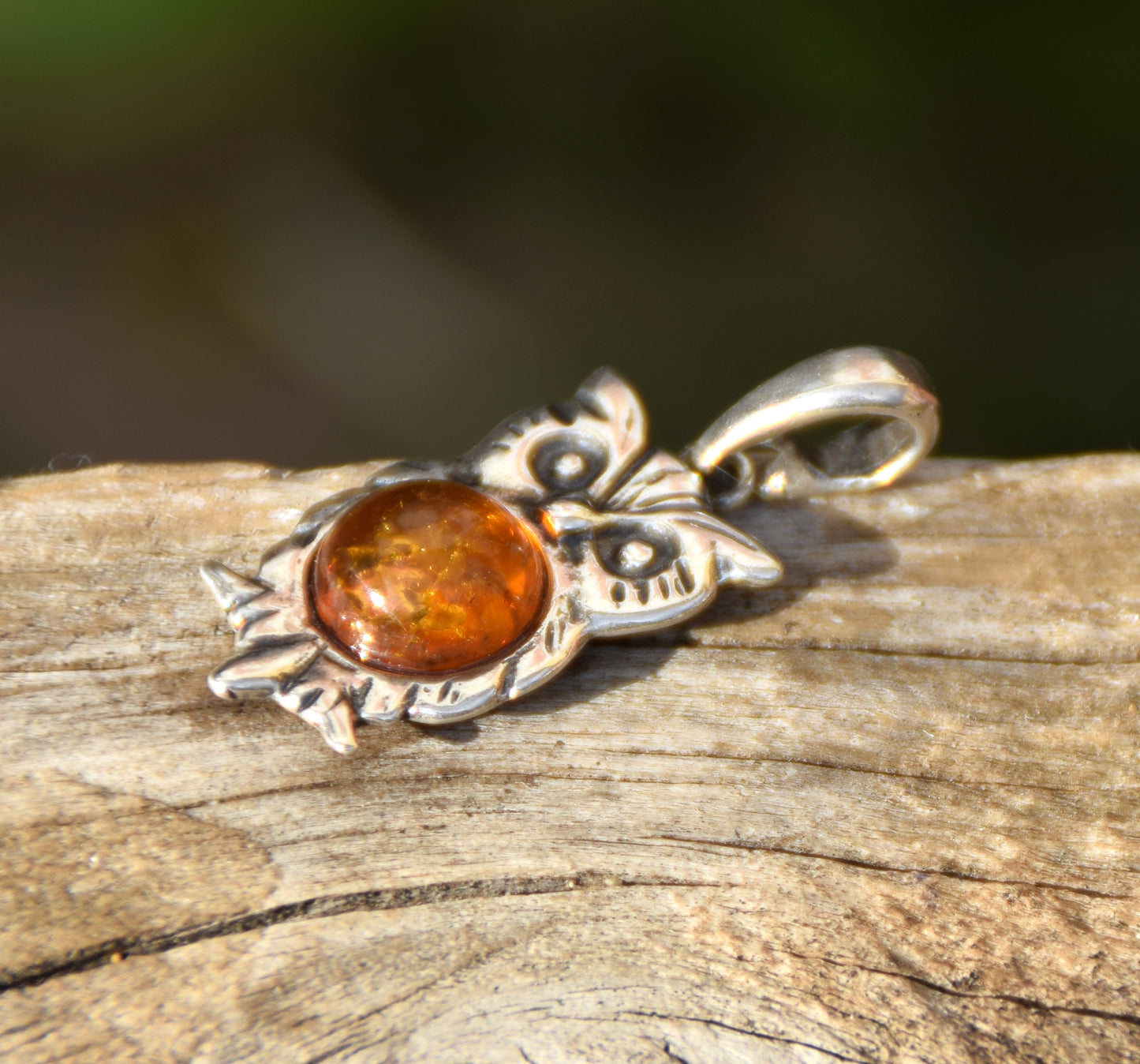 Cognac Natural Amber Owl Pendant and Sterling Silver 925, MJ Baltica, BW035