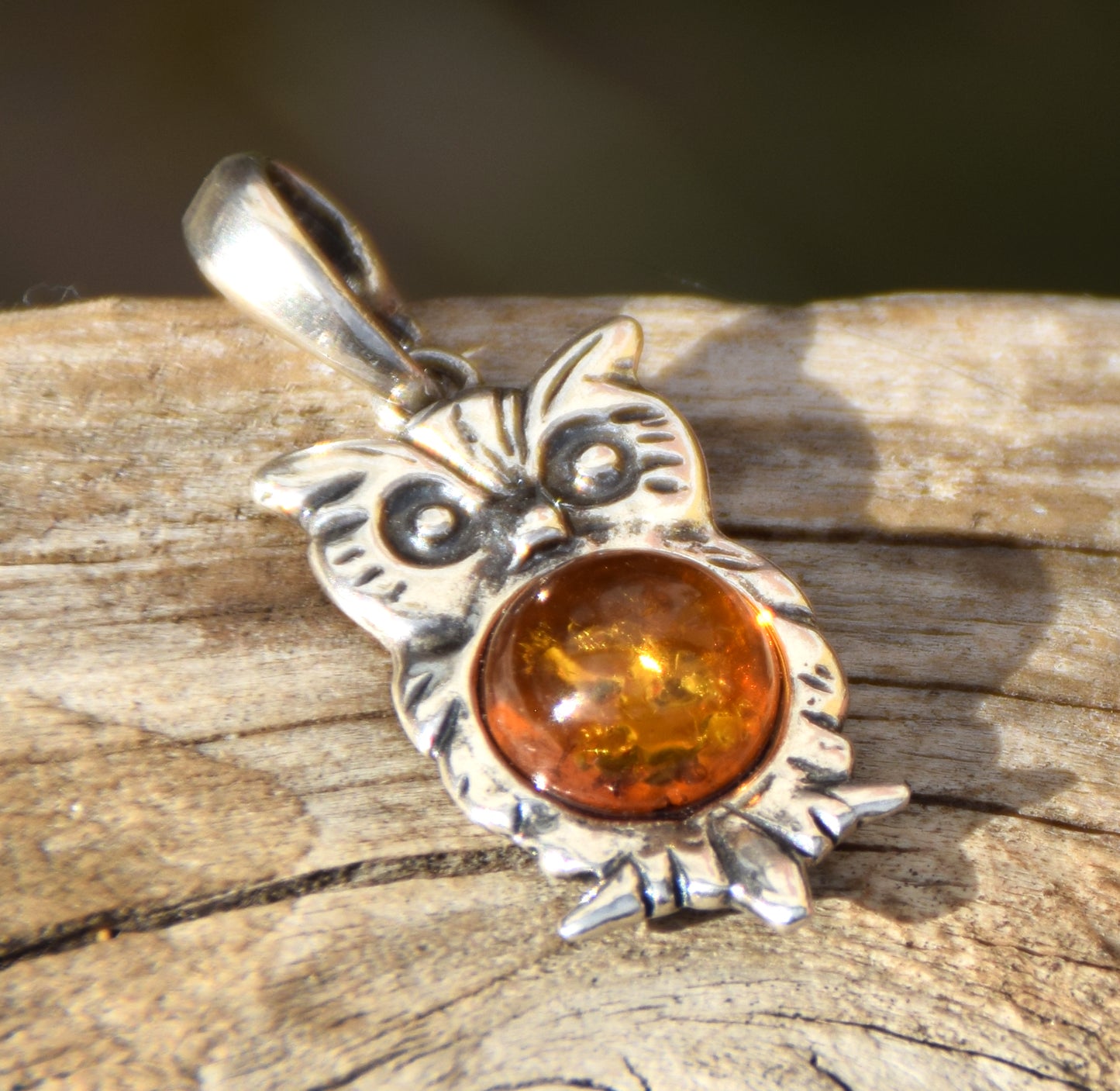 Cognac Natural Amber Owl Pendant and Sterling Silver 925, MJ Baltica, BW035