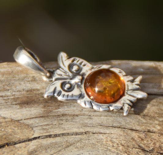 Cognac Natural Amber Owl Pendant and Sterling Silver 925, MJ Baltica, BW035