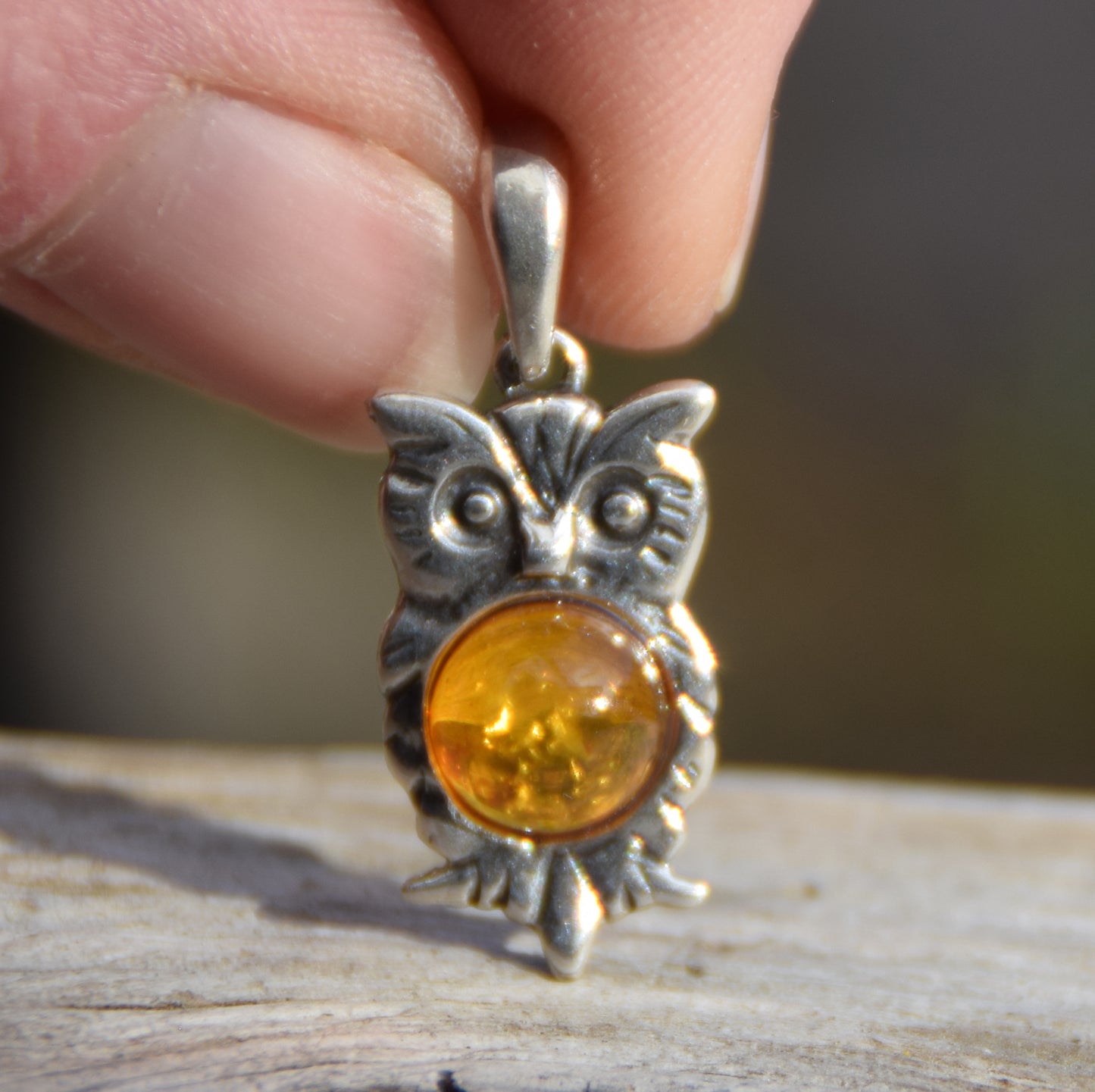 Cognac Natural Amber Owl Pendant and Sterling Silver 925, MJ Baltica, BW035