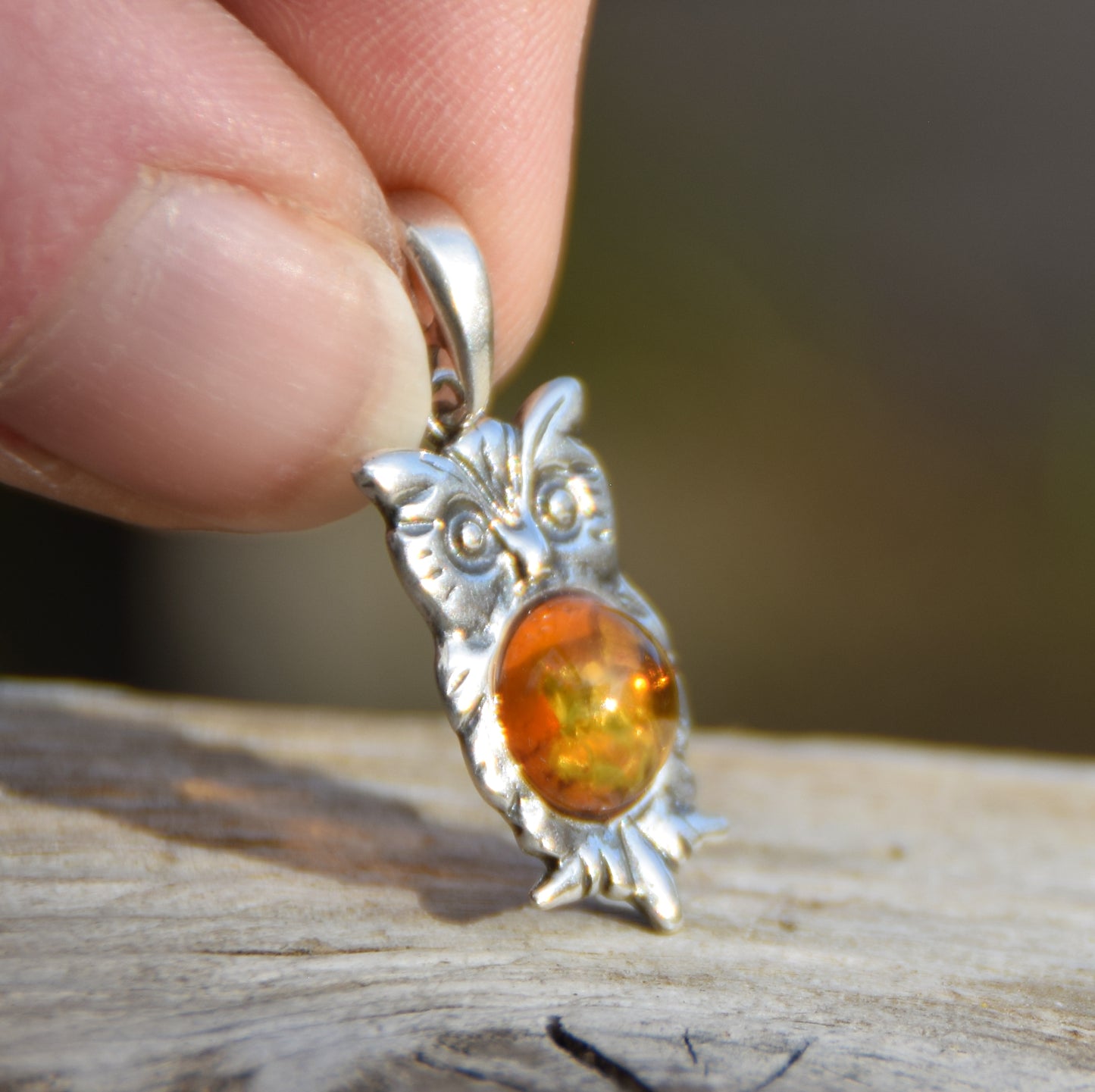 Cognac Natural Amber Owl Pendant and Sterling Silver 925, MJ Baltica, BW035