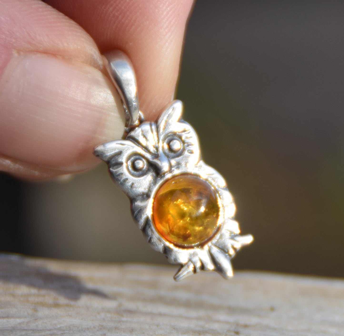 Cognac Natural Amber Owl Pendant and Sterling Silver 925, MJ Baltica, BW035