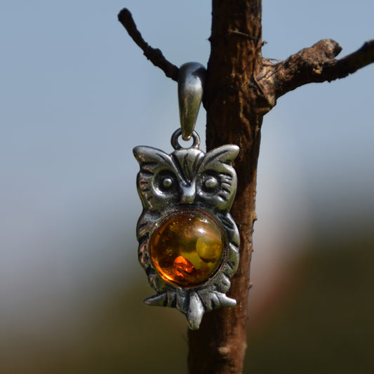 MJ Baltica, ciondolo, Ambra naturale Baltica, Argento 925, gufo, artigianale BW035