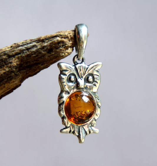 Cognac Natural Amber Owl Pendant and Sterling Silver 925, MJ Baltica, BW035