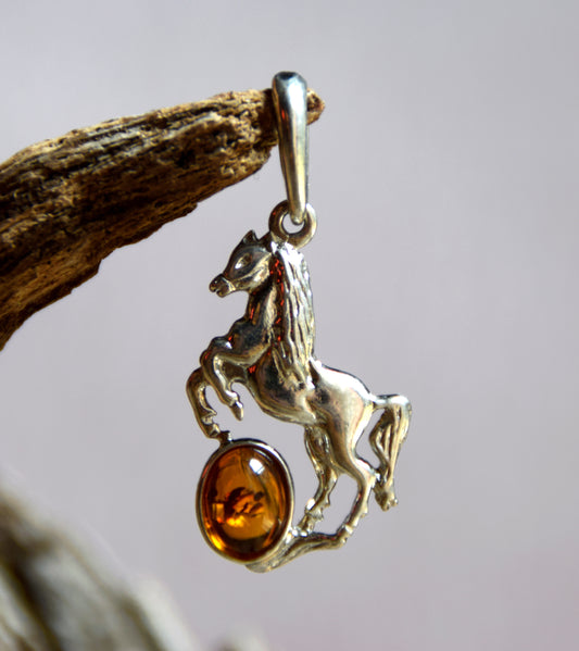 Cognac Amber and Sterling Silver Horse Pendant, MJ Baltica, BW036