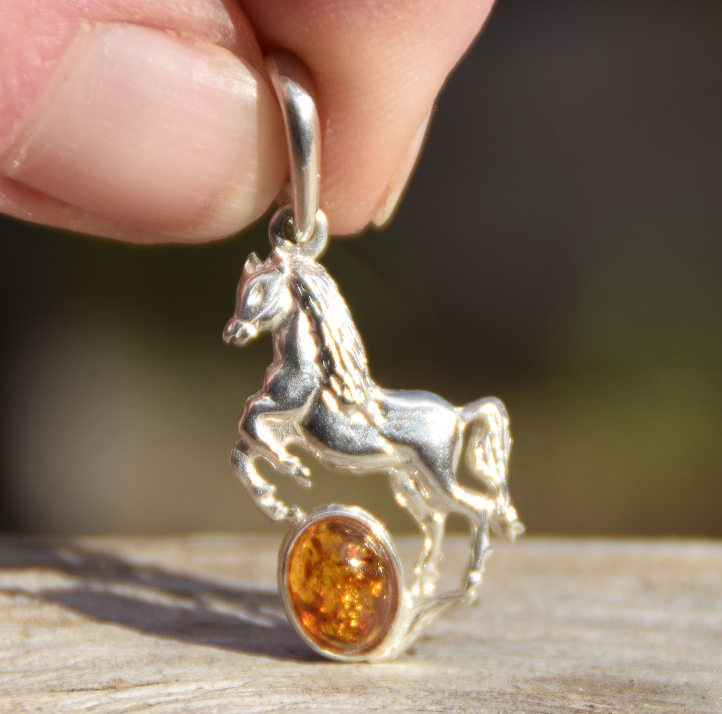 Cognac Amber and Sterling Silver Horse Pendant, MJ Baltica, BW036