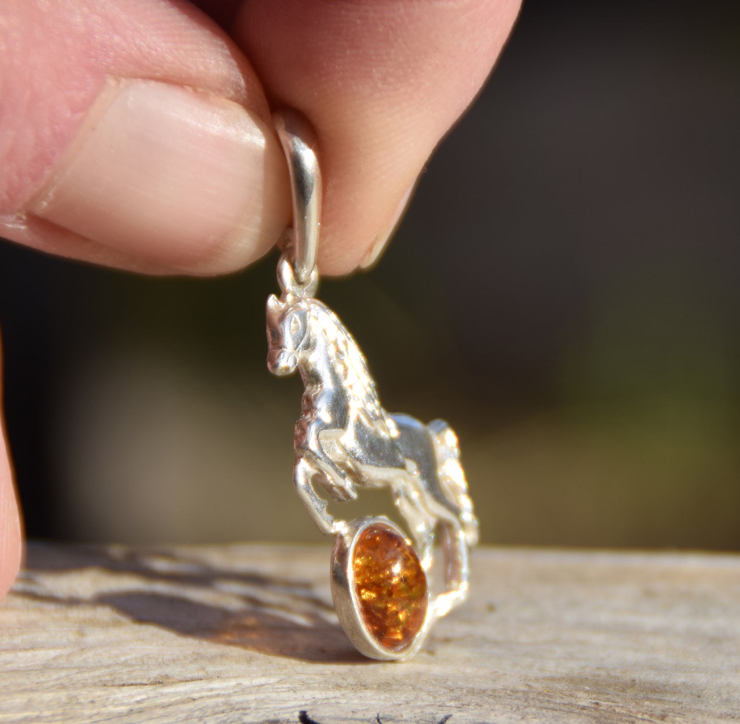 Cognac Amber and Sterling Silver Horse Pendant, MJ Baltica, BW036