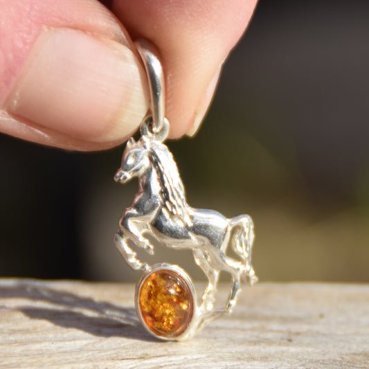 Cognac Amber and Sterling Silver Horse Pendant, MJ Baltica, BW036