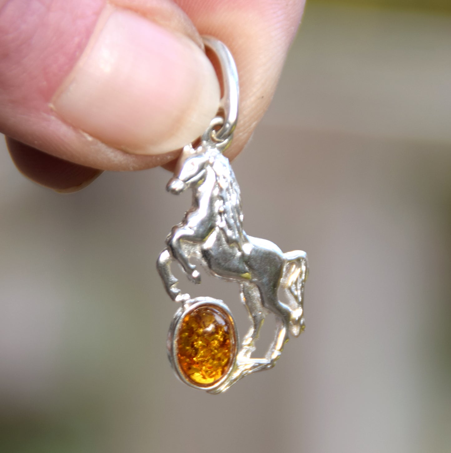 Cognac Amber and Sterling Silver Horse Pendant, MJ Baltica, BW036