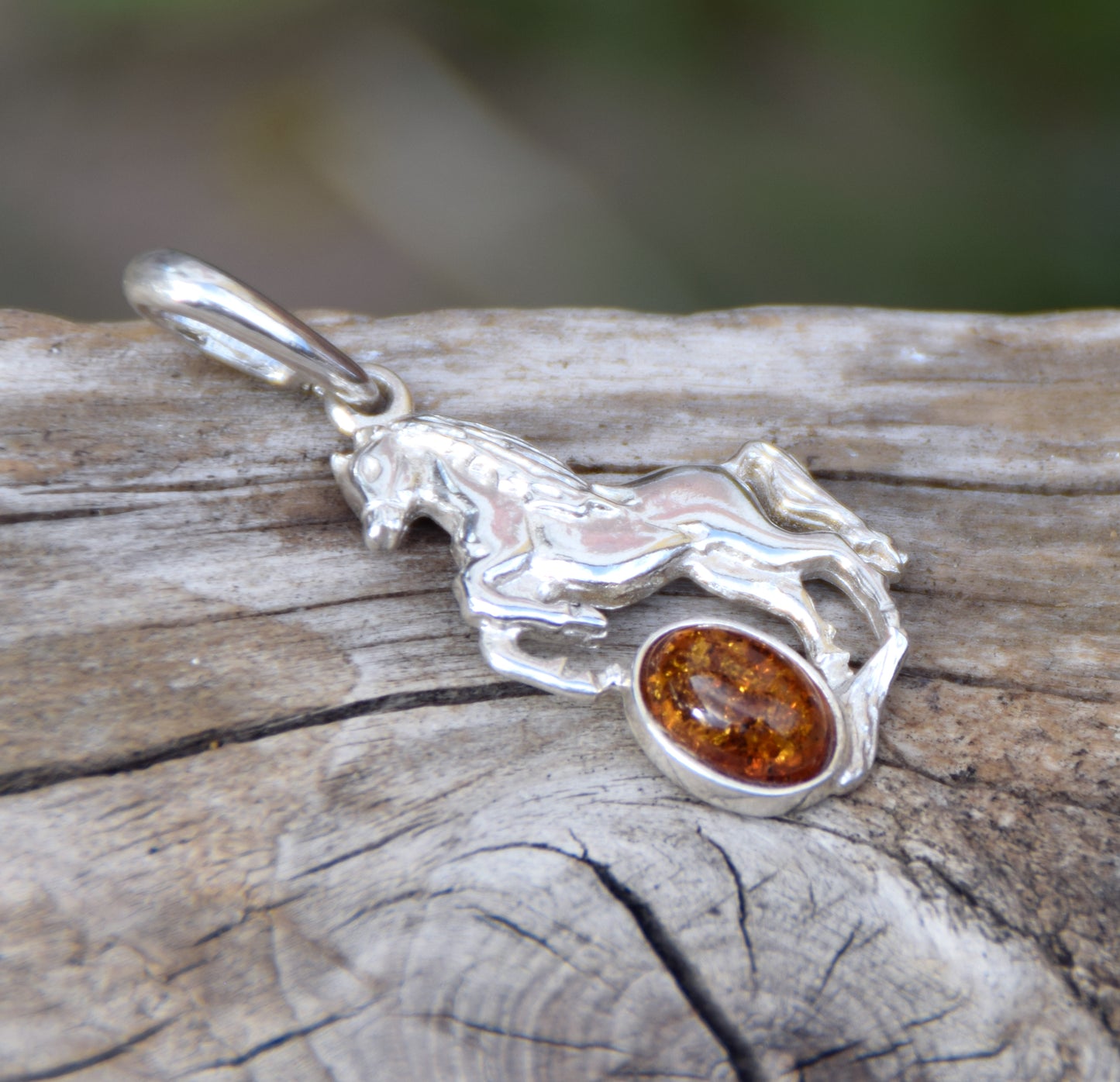 Cognac Amber and Sterling Silver Horse Pendant, MJ Baltica, BW036