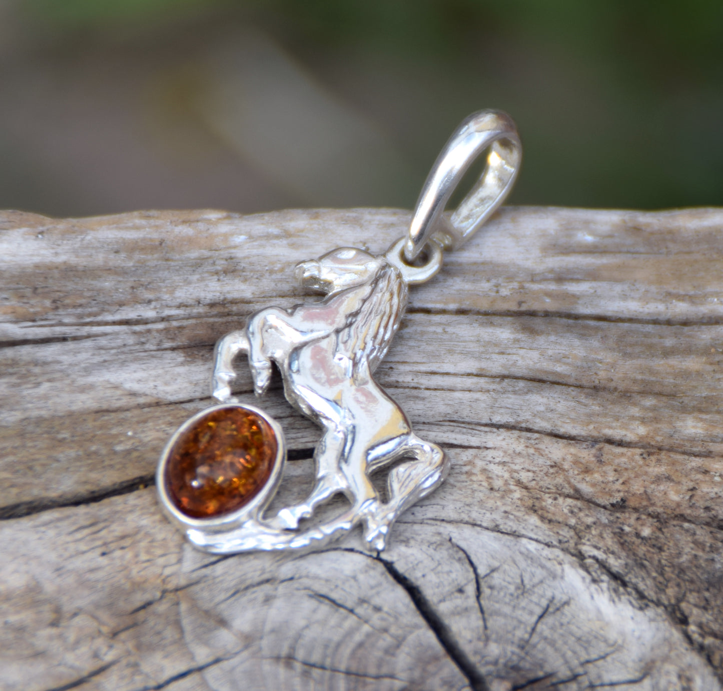 Cognac Amber and Sterling Silver Horse Pendant, MJ Baltica, BW036
