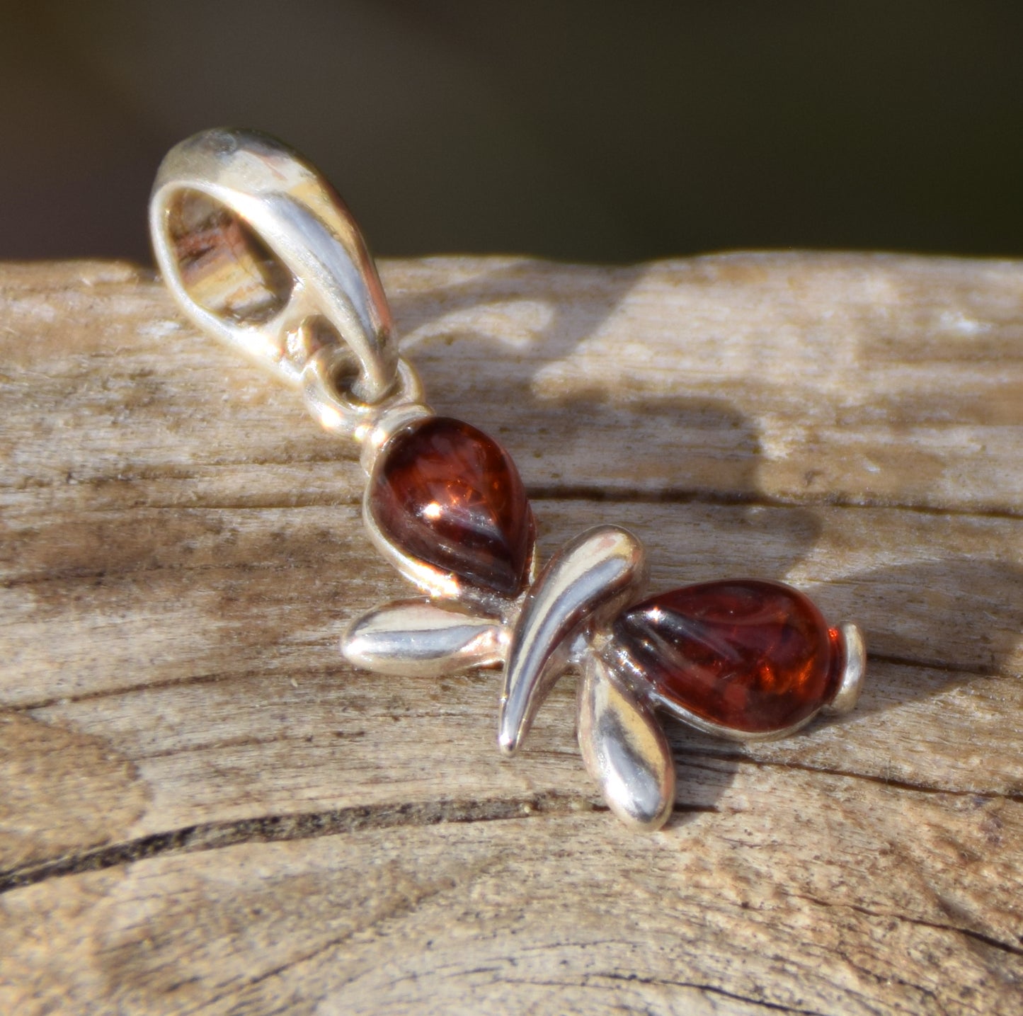 Delicate butterfly pendant in cognac natural amber and 925 silver, MJ Baltica, BW038