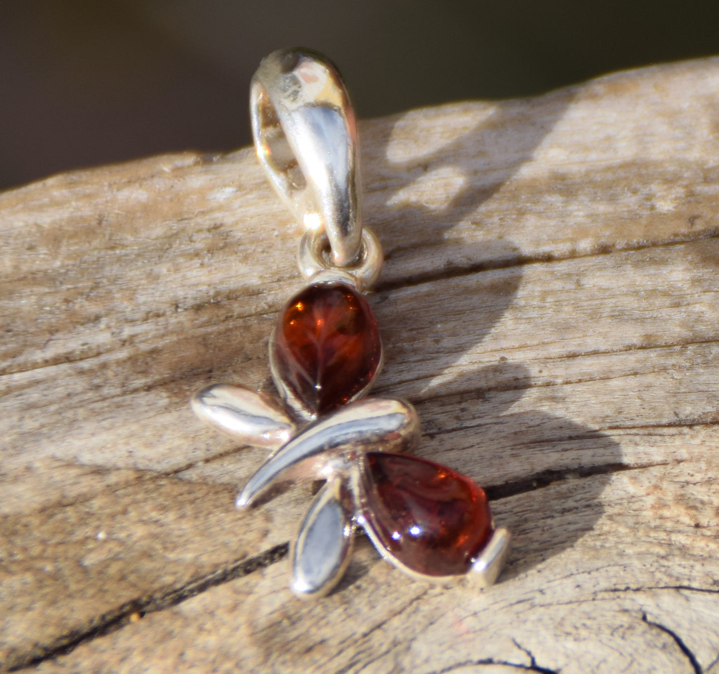 Delicate butterfly pendant in cognac natural amber and 925 silver, MJ Baltica, BW038
