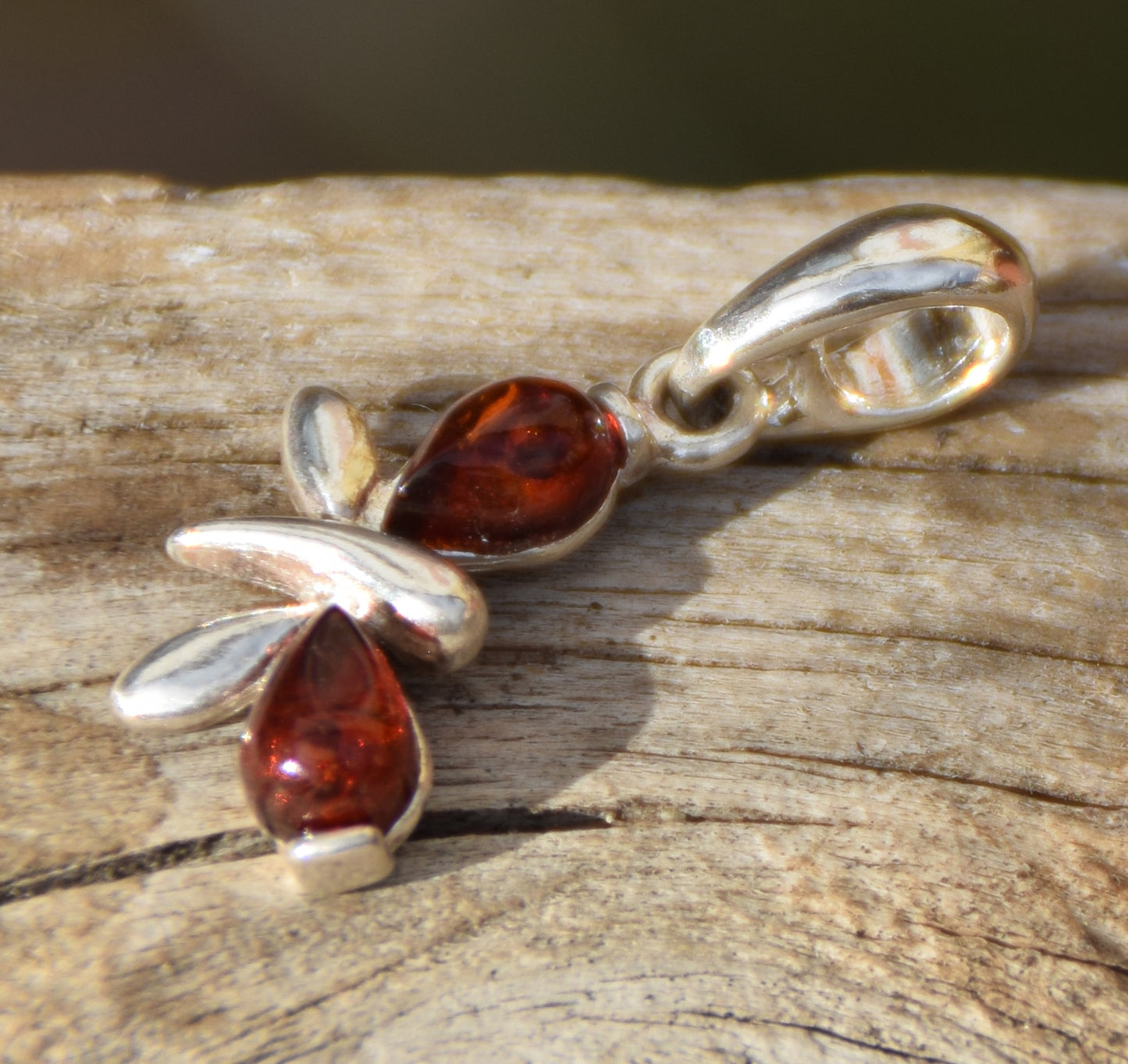 Delicate butterfly pendant in cognac natural amber and 925 silver, MJ Baltica, BW038
