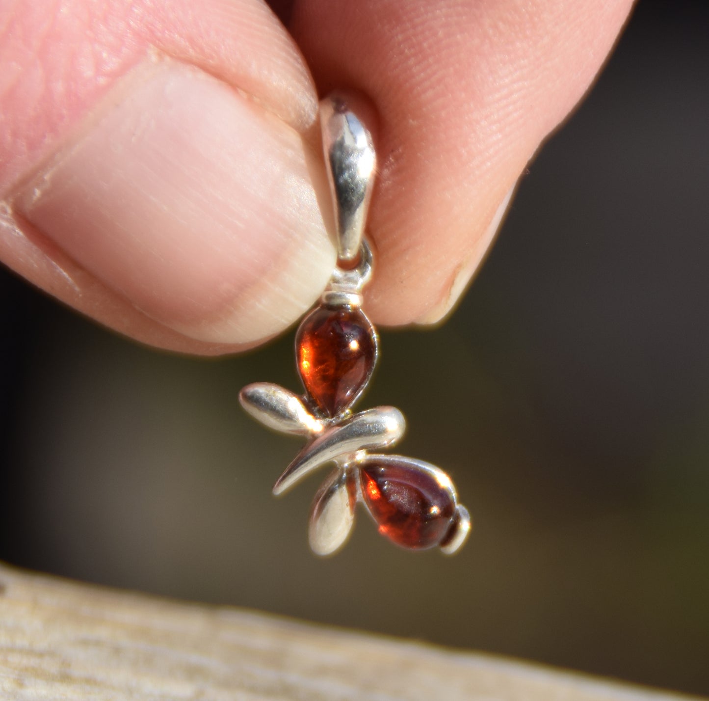 Delicate butterfly pendant in cognac natural amber and 925 silver, MJ Baltica, BW038