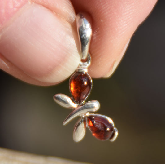 Delicate butterfly pendant in cognac natural amber and 925 silver, MJ Baltica, BW038