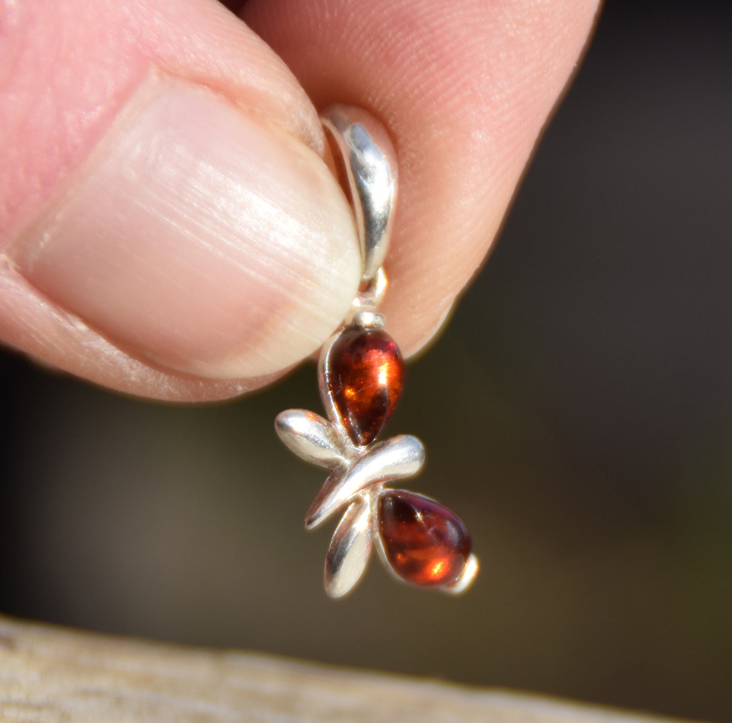 Delicate butterfly pendant in cognac natural amber and 925 silver, MJ Baltica, BW038