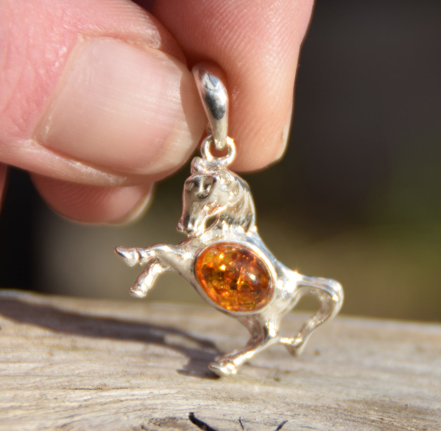 Cognac Amber and Sterling Silver Horse Pendant, MJ Baltica, BW039