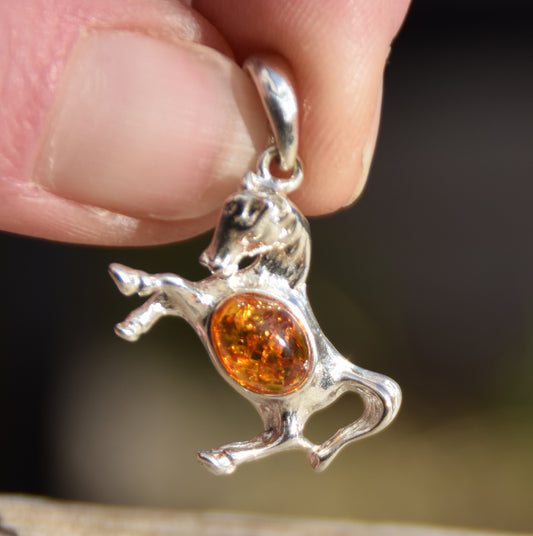 Cognac Amber and Sterling Silver Horse Pendant, MJ Baltica, BW039