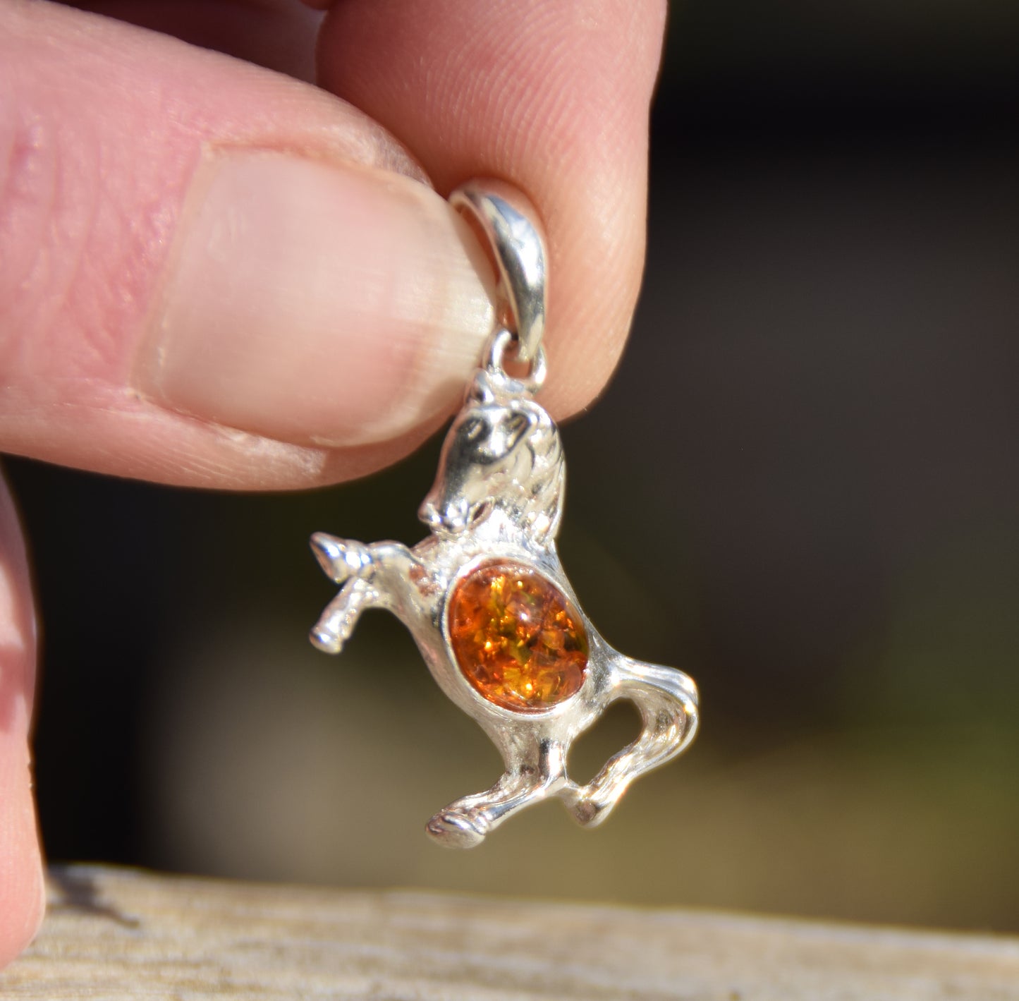 Cognac Amber and Sterling Silver Horse Pendant, MJ Baltica, BW039