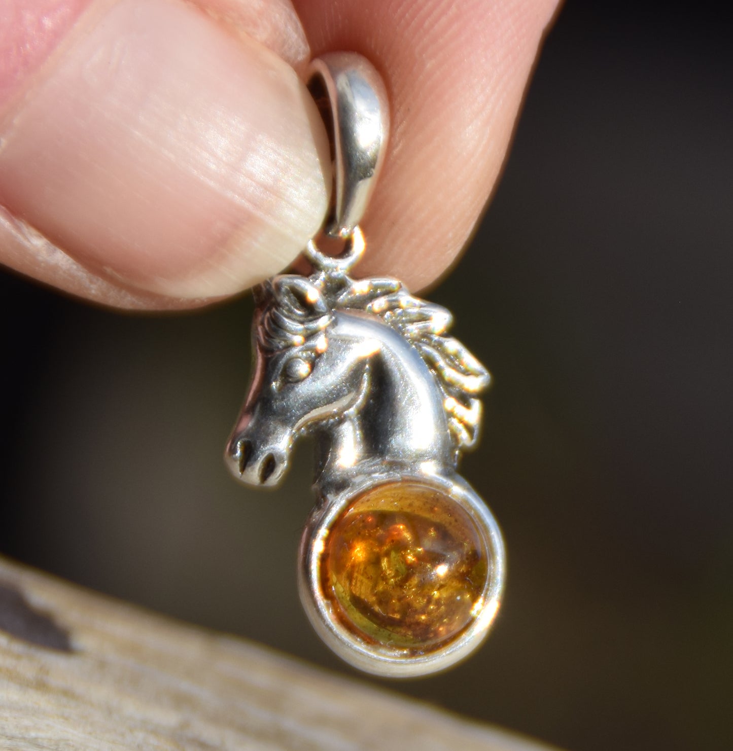Cognac Natural Amber and 925 Silver Horse Pendant, MJ Baltica, BW041