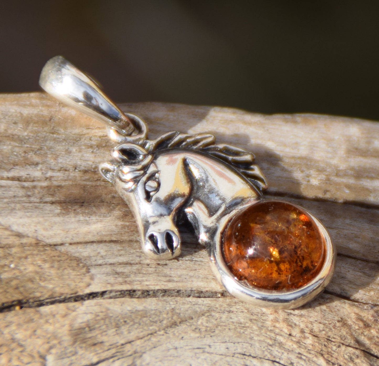 Cognac Natural Amber and 925 Silver Horse Pendant, MJ Baltica, BW041