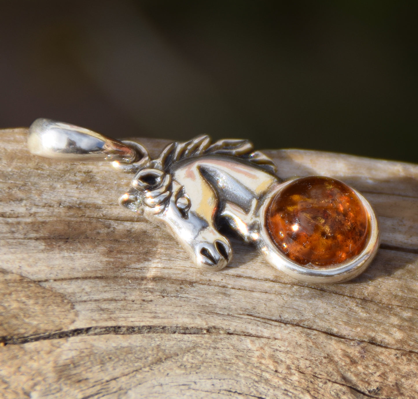 Cognac Natural Amber and 925 Silver Horse Pendant, MJ Baltica, BW041