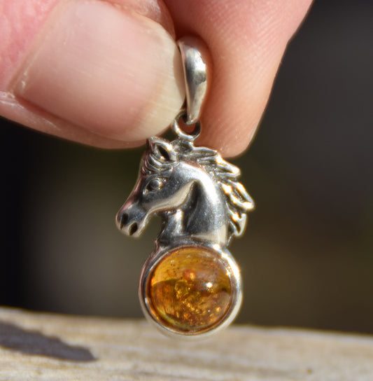 Cognac Natural Amber and 925 Silver Horse Pendant, MJ Baltica, BW041