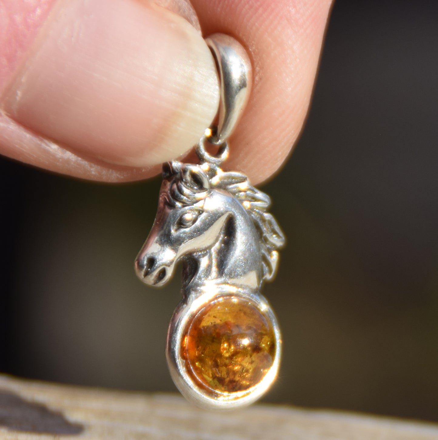 Cognac Natural Amber and 925 Silver Horse Pendant, MJ Baltica, BW041