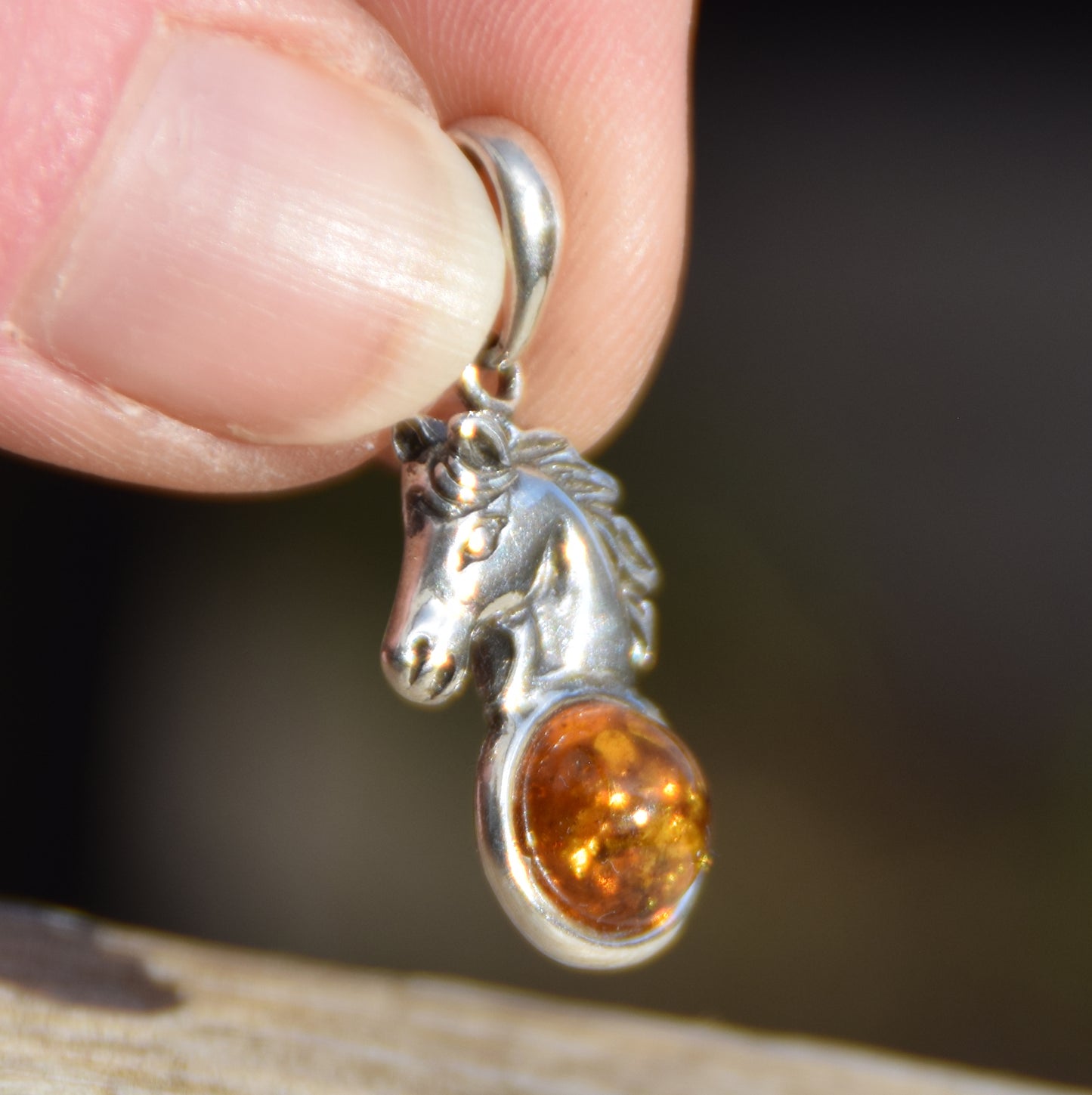 Cognac Natural Amber and 925 Silver Horse Pendant, MJ Baltica, BW041