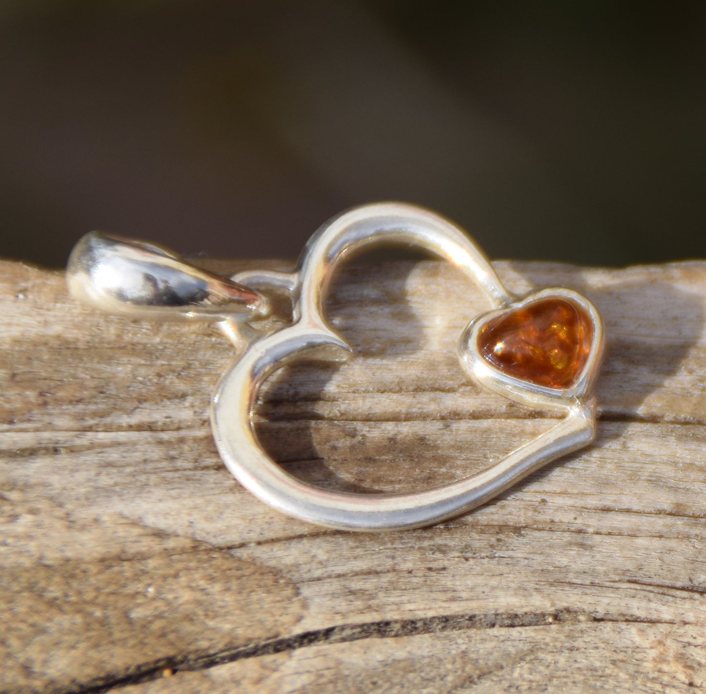 Romantic pendant with two hearts in natural cognac-colored Amber and Sterling Silver 925, Heart, small heart, romantic, BW042