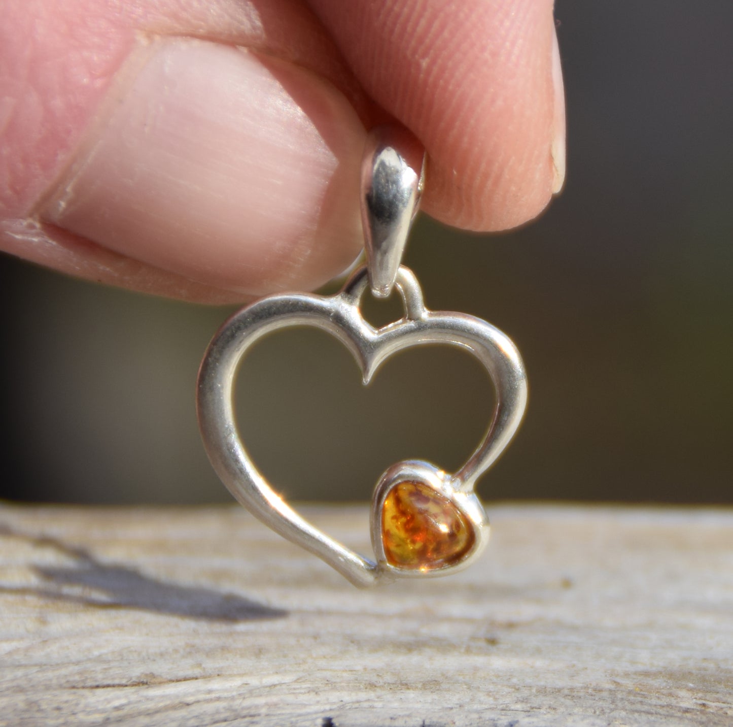 Romantic pendant with two hearts in natural cognac-colored Amber and Sterling Silver 925, Heart, small heart, romantic, BW042