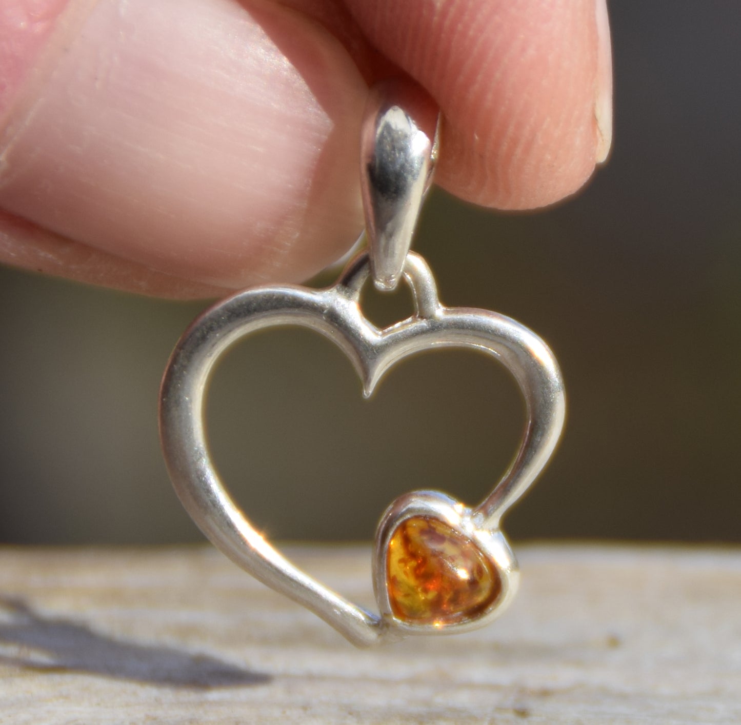 Romantic pendant with two hearts in natural cognac-colored Amber and Sterling Silver 925, Heart, small heart, romantic, BW042