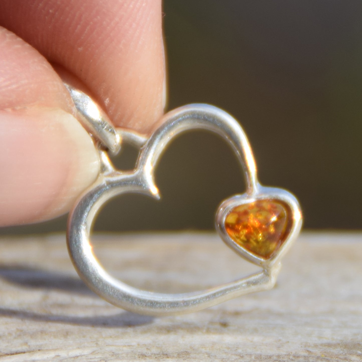 Romantic pendant with two hearts in natural cognac-colored Amber and Sterling Silver 925, Heart, small heart, romantic, BW042