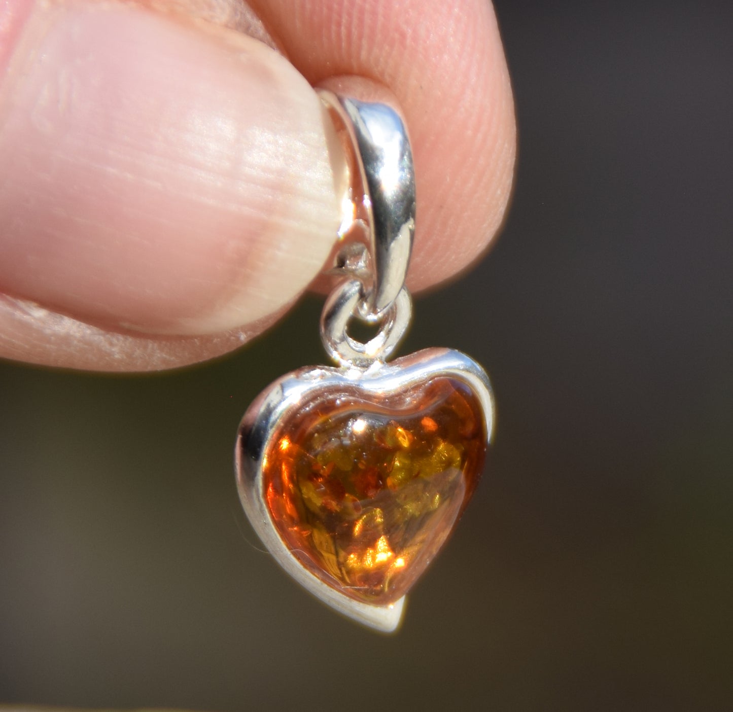 Delicate pendant with cognac-colored natural Amber heart and 925 Silver, MJ Baltica, BW043
