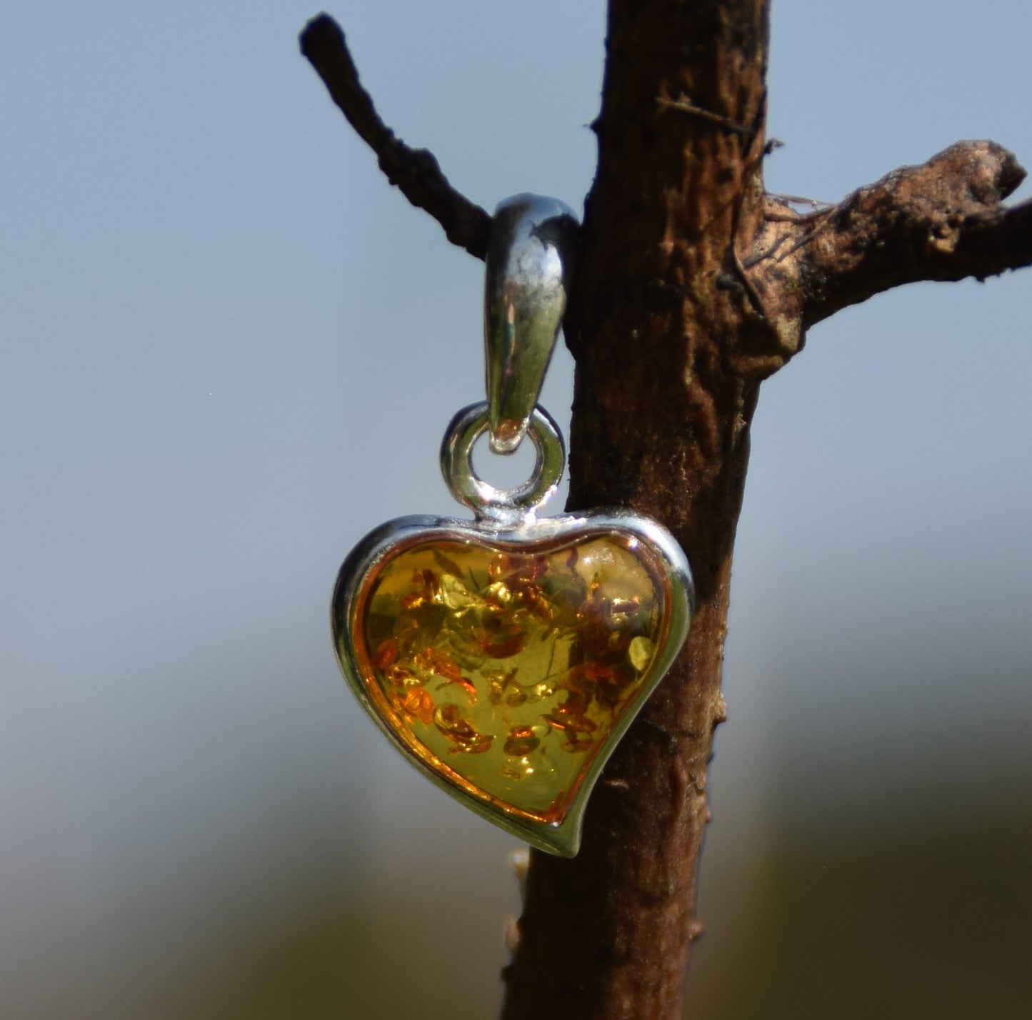 Delicate pendant with cognac-colored natural Amber heart and 925 Silver, MJ Baltica, BW043