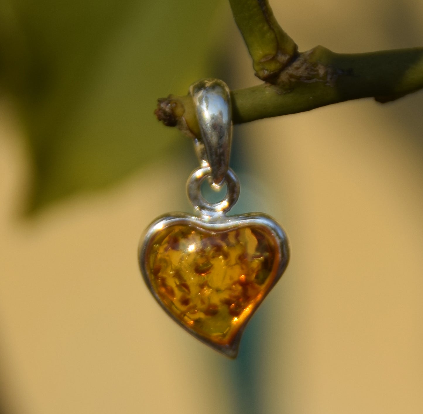Delicate pendant with cognac-colored natural Amber heart and 925 Silver, MJ Baltica, BW043