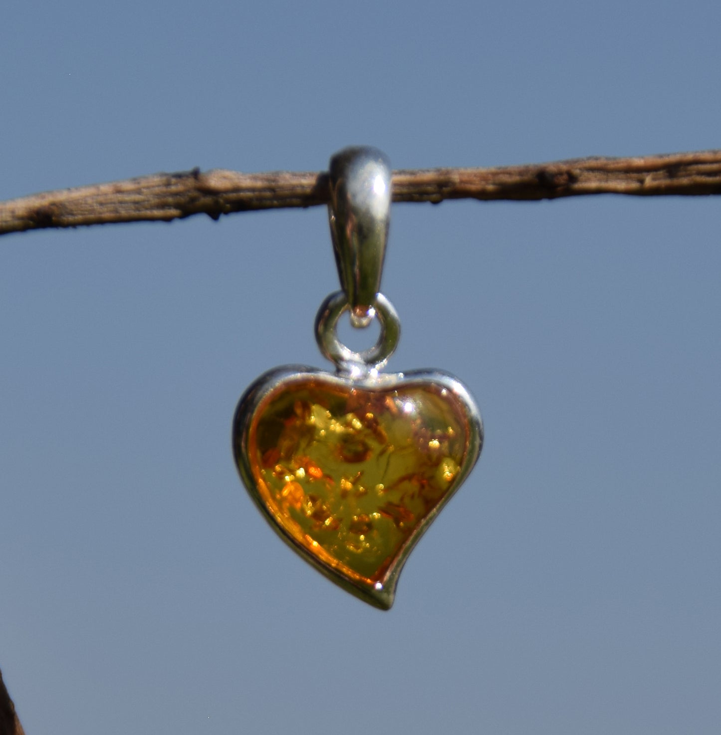 Delicate pendant with cognac-colored natural Amber heart and 925 Silver, MJ Baltica, BW043