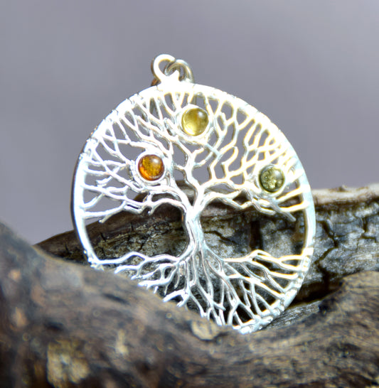 Bright Tree of Life pendant with natural Baltic Amber in various shades and 925 Silver, MJ Baltica, BW046