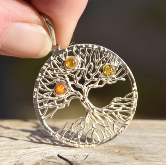 Bright Tree of Life pendant with natural Baltic Amber in various shades and 925 Silver, MJ Baltica, BW046