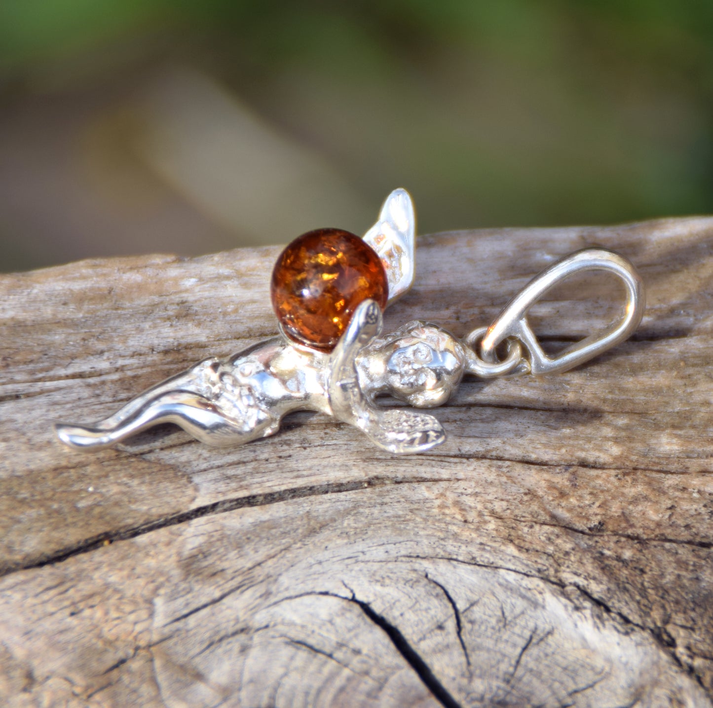 Brown natural Amber and 925 Sterling Silver Angel Protection Pendant, MJ Baltica, BW047