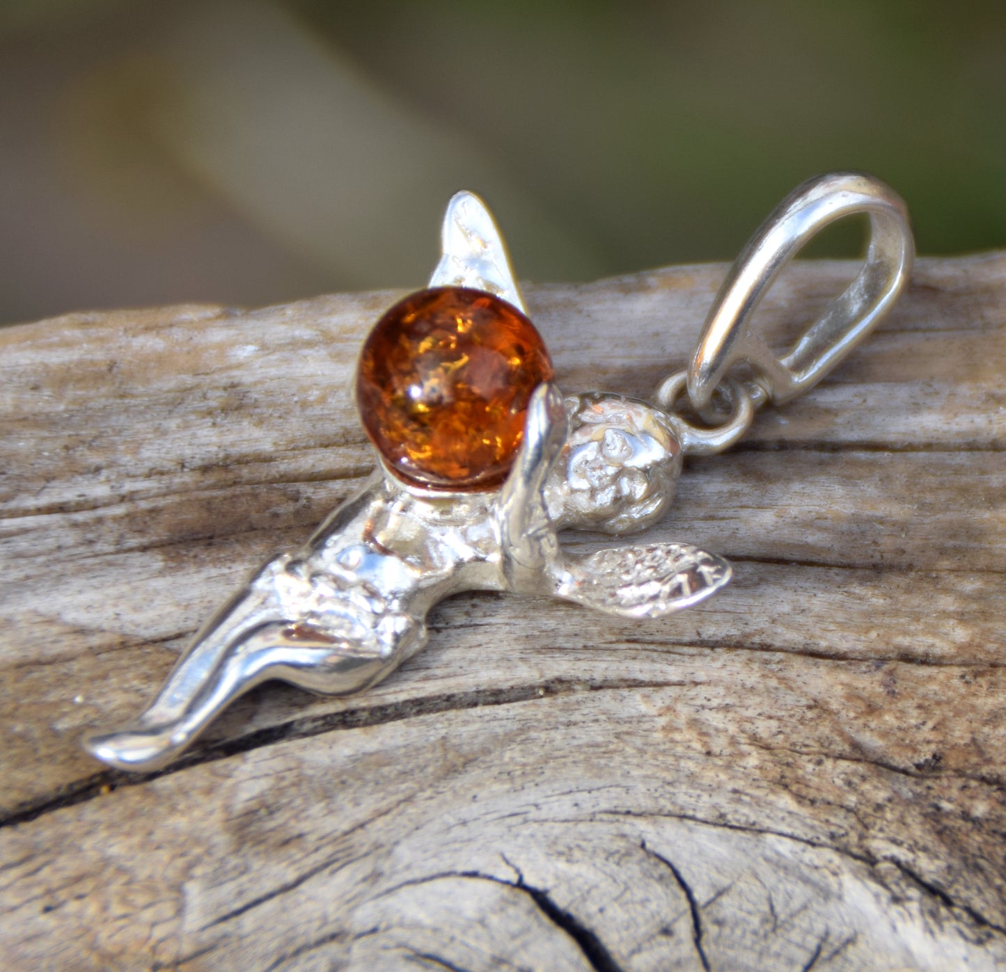 Brown natural Amber and 925 Sterling Silver Angel Protection Pendant, MJ Baltica, BW047